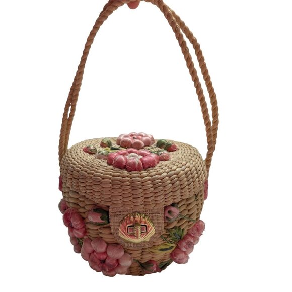 Handmade Ratan bucket 2 handled purse Philippines pink flower shell gold clasp - Picture 1 of 11